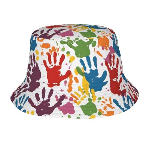 Kids Hand Print Foldable Double-Sided Printed Sun Hat, Fisherman Outdoor Travel Hiking Beach Hat, Unisex Black