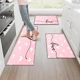 CCTFS Flannel Kitchen Rugs Sets of 3 Non Slip Washable Kitchen Mat Set for Pink Home Kitchen Decoration Mats Set Heart and Love