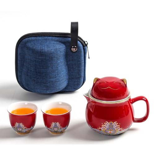 DEARART Beautiful Tea Cup Portable Set, 10.8oz Mug and 2-Cups, Wide Mouth Easy to Clean Keep Tea Hot, Steeping Loose Leaf Tea Bag, Cute Cat, Red