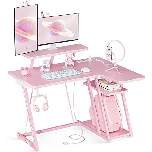 MOTPK Gaming Desk L Shaped, Small Corner Desk with Storage Shelf & Power Outlets, Computer Desk with Monitor Shelf, L Shaped Desk with Carbon Fiber Surface, Gamer Desk Gaming Table, Pink, 39 Inch