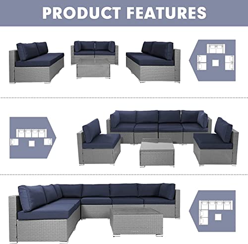 Betterland 7 Piece Outdoor Sectional Sofa Patio Furniture Set, All-Weather Pe Grey Wicker Patio Conversation Set With Washable Cushion And Glass Table(Dark Blue Cushions) #TOP1