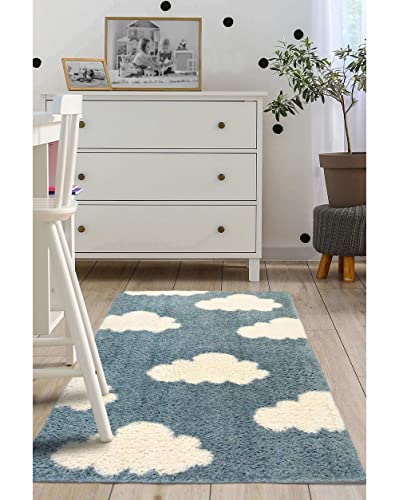 Modern Style Rugs Cosy Shaggy Cloud Design Blue Rug, High Pile Rugs for Living Room, Bedside, 80x120cm (2ft 7 inch x 3ft 9 inch)