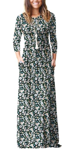 GRECERELLE Women Long Sleeve Casual Round Neck Loose Solid Floral Maxi Long Dress with Pockets, S-3XL