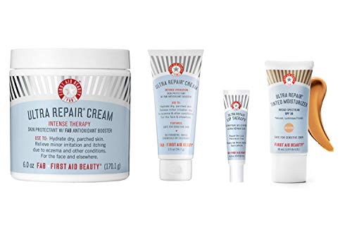 First Aid Beauty Custom Shade Kit: Limited Edition Best Sellers Set. Includes Ultra Repair Cream (6 oz) and (2 oz), Tinted Moisturizer-Medium (1.0 oz), and Lip Therapy (0.5 oz)