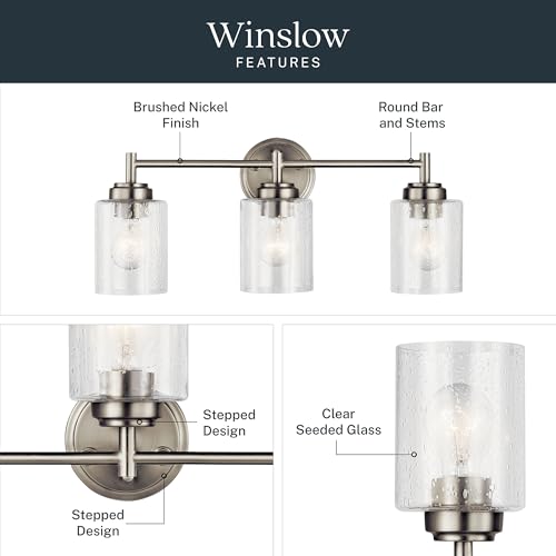 Image of Kichler Winslow 21.5 inch Vanity Light in Brushed Nickel, 3-Light Transitional Bathroom Light with Clear Seeded Glass. (21.5 inch W x 9.25 inch H), 45886NI