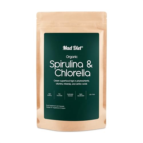 Mad Diet Organic Spirulina & Chlorella Detox – 60 Capsules – Supports Detoxification & Energy Boost – Promotes Immune & Digestive Health - Broken Cell Wall - Pure Formula Supplement with No Additives