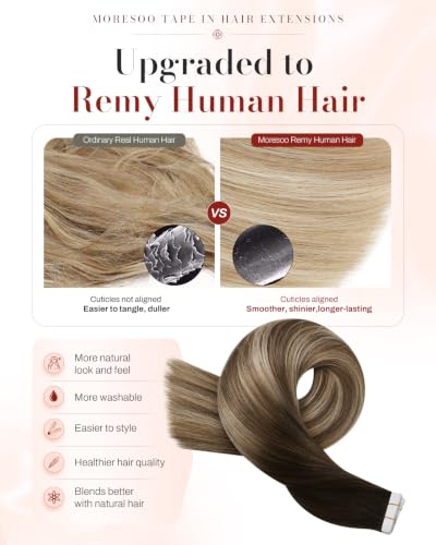 Image of Moresoo Tape Extensions Real Hair Golden Brown Balayage 14in 10Pcs 25g | Tape in hair extensions real human hair, partial add-on set, flat tabs, golden ribbons for face-framing and daily wear