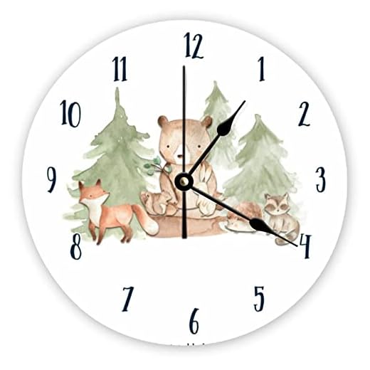 Decorative Silent No Ticking Wall Clock Watercolor Woodland Forest Animals Round Modern Wooden Clocks for Bedroom Living Room Home Office School Wall Art Decor, 10 Inches