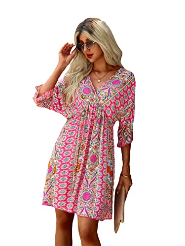 Romwe Women's Boho Tribal Print Short Sleeve V Neck Tie Back Summer Shift Dress Hot Pink M #TOP3