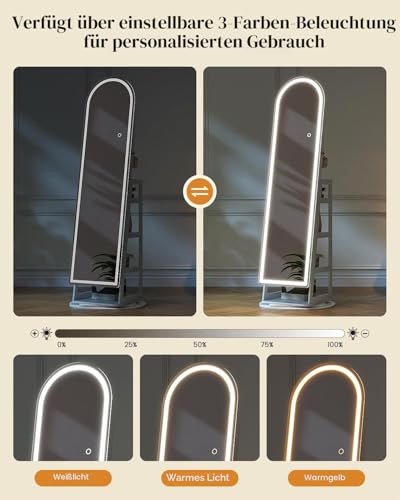 LVSOMT LED Schmuckschrank mit Bogen Spiegel, Spiegel Schmuckschrank Stehend, 360° Drehbar Schmuckspiegel Abschließbar, Gewölbter Ganzkörperspiegel mit 3 Farben Licht und Einstellbare Helligkeit, Weiß