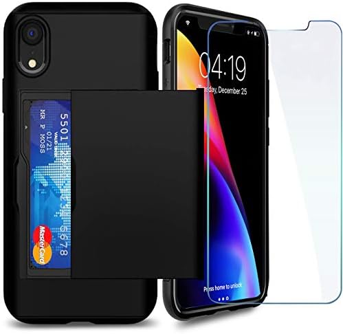 SUPBEC iPhone XR Case with Card Holder and[ Screen Protector Tempered Glass x2Pack] i Phone xr Wallet Case Cover with Shockproof Silicone TPU + Anti-Scratch Hard PC - Full Protective (Black)