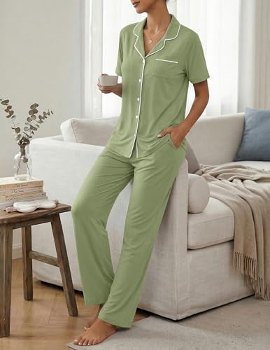 Image of ZMJ Womens Pajamas Sets 2 Piece Button Up Pj Sets Short Sleeve with Long Pant