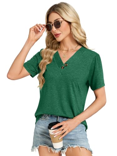 VUTRU Womens Summer Tops and Blouse Puff Short Sleeve Henley Tshirts Tunic Loose Flowy Dressy Business Casual Plus Size, Green M — view 4