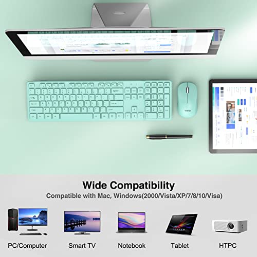 Wireless Keyboard And Mouse, Wisfox 2.4Ghz Full-Size Silent Keyboard With Numeric Keypad, Long Battery Life, Lag-Free, Slim Usb Cordless Mouse Keyboard Combo For Pc Laptop Windows (Mint Green) #TOP6