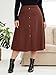 High Waisted Midi Skirt for Women Plus Size, Brown A-Line Button Front Vintage Flowy Skirt