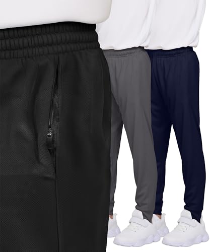 Image of PURE CHAMP 3 Pack Boys Sweatpants Mesh Lightweight Kids Clothes with Zipper Pockets Active Quick-Dry Boys Pants Sizes 4-20