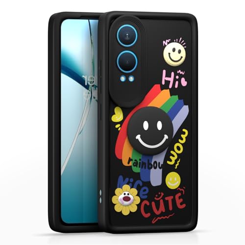 Image of Pikkme Back Cover for OnePlus Nord Ce 4 Lite 5G | Soft Silicone| Cute Rainbow Smile & 3D Cartoon Flower Design | Shockproof Raised Camera Protection Bumper Case (Black)