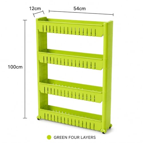 Image of JD FRESH 4-Tier Slim Rolling Storage Organizer Rack /Fridge Side Storage Rack /Plastic Trolley Storage Stand with Wheels /Floor Standing Cabinet for Bathroom and Kitchen Corner Area (Green)