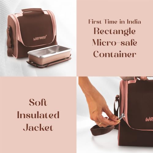Image of WARMEO Micro Meal Microwave Safe Lunch Box | 1 Rectangular Container 600ml + 2 Round Containers 350ml Each + 1 Round Container 250ml + 1 Steel Tumbler 500ml | Office,School,Picnic,Brown