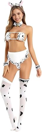 Womens Anime Cow Cosplay Lingerie Set Sexy Mini Bikini Bra Panty
