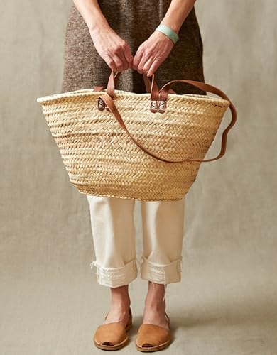 Bolso de paja con asas planas de cuero doble miniatura 6