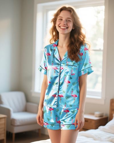 Image of Womens Silky Pajama Sets Short Sleeve Loungewear 2 Pcs Satin Soft Pj Sets Button Down Women's Summer Sleepwear