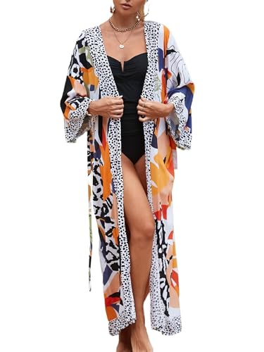ZSWDXX Women Leaf Leopard Print Long Kimono Cover Up Open Front Bathing Suit Dress Lightweight Cardigan