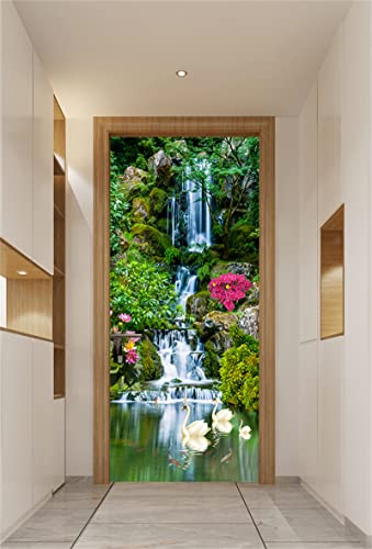 Artfanke 3D Peel And Stick Door Sticker Waterfall Swan - Self-Adhesive Door Wallpaper For Living Room - Waterproof Door Murals Decal For Bedroom Home Decor 30.3"X78.7" #TOP1