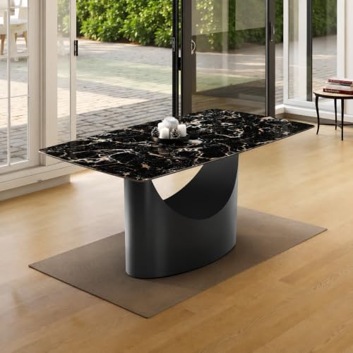 Image of Wakefit Taco Dining Table - Portoro Black - 6 Seater I Marble Finish I Vitrified Tile Top I Portoro Black
