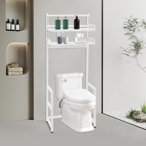 CAIYGG Étagère de toilette, étagère de salle de bain, pour machine à laver, réglable, multifonctionnelle, en acier au carbone, peu encombrante avec guardrails (blanc, 2 niveaux)