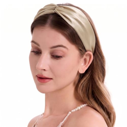Image of ZLYC Mulberry Silk Headband for Women's Hair, Solid Pale Beige | smooth luxury real silk, stretch elastic no slip fit, makeup spa skincare use, travel daily wear,boho fashion hair accessory