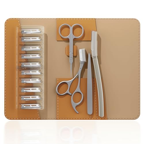 OFIDUS Pinzas para vello facial, kit 4 en 1 para cejas con pinzas, tijeras recortadoras, maquinilla de afeitar, estuche de viaje de cuero, herramientas de belleza para uso diario