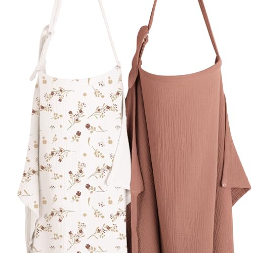 Image of Konssy 2-Pack Muslin Nursing Cover Up for Breastfeeding Moms with Rigid Hoop, 100% Cotton, Lightweight & Breathable Breastfeeding Cover, Adjustable & Comfort