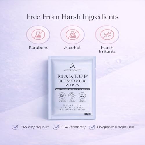 AngelBeauty Angel Beauty Makeup Remover Wipes – 30 Individually Wrapped Micellar Face Wipes Singles – Daily Gentle Facial Cleanser with Aloe, Avocado & Vitamin C – Alcohol-Free, Paraben-Free, Travel-Friendly