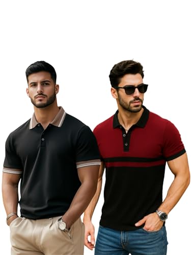 Image of Veirdo Pack of 2 Pure 100% Cotton Regular Fit Classic Polo Collar T-Shirts for Men & Boys