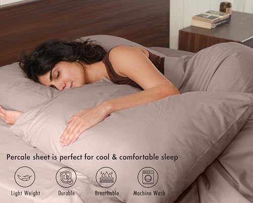 Image of RUVANTI 100% Cotton Percale Sheets, Full Size, Warm Mocha | Crisp Cooling, Deep Pocket 16 inch, Soft Breathable & Durable, Hotel-Style, 4 Piece Set