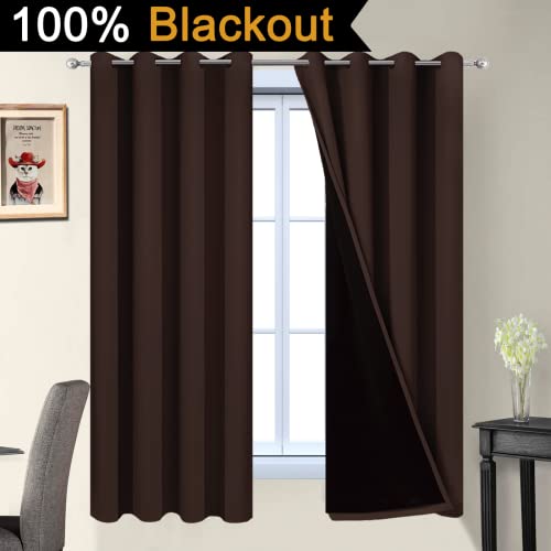 Image of Yakamok Chocolate Brown Blackout Curtains 63 Inches Long 52 inch Wide, 2 Panels | Blackout Curtain Panels for Bedroom, 2 Thick Layers Grommet Top Thermal Insulated Drapes with Black Liner for Living Room