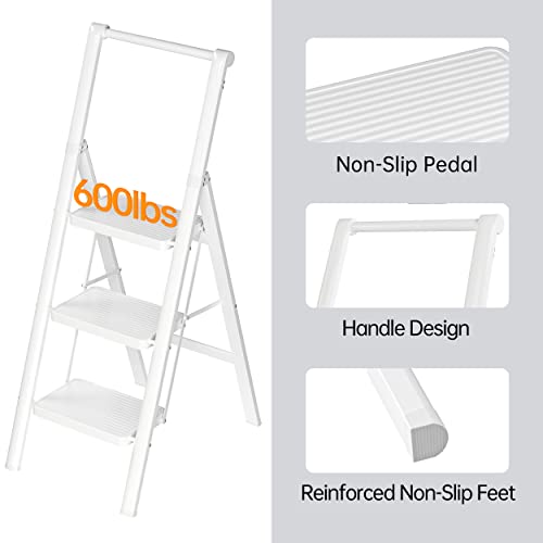 Joiscope 3 Step Ladder, Folding Step Stools For Adults With Handrails&Widening Anti-Slip Pedal,600 Lbs Capacity, Portable Sturdy Steel Ladders, Lightweight, Perfect For Home And Kitchen, White #TOP5