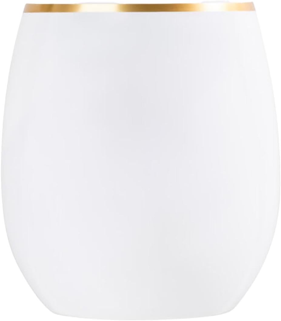 EcoQuality 12 oz White Plastic Stemless Wine Glasses with Gold Rim, Disposable Unbreakable Shatterproof Elegant and Reusable Wine Tumbler for Partys, Weddings, Ideal for Indoor or Outdoor Events (48)