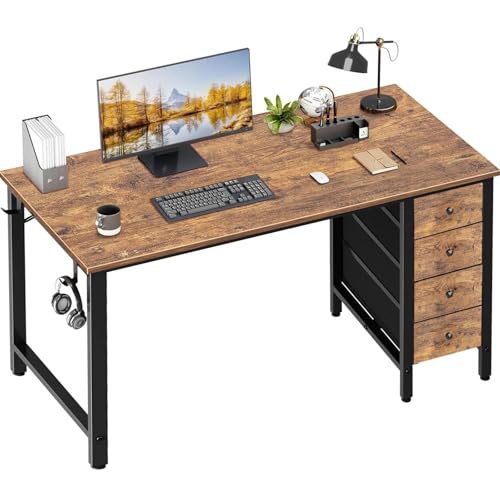 Lufeiya Computer Desk with Fabric Drawers - 55 Inch Long Study Work Writing Desk for Home Office Bedroom, Reversible Simple Modern Cute PC Desks with Drawer, Rustic Brown