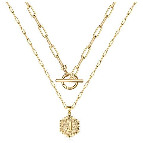 M MOOHAM Layered Initial Necklaces for Women, 14K Gold Plated Paperclip Link Chain Necklace for Women Letter Pendant Initial J Necklace Choker Necklaces Gold Layering Necklaces for Women Cover
