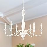 6-Light French Country Chandelier 28' Farmhouse Dining Room Light Fixture, Antique Wood Distressed White Chandelier, Rustic Hanging Ceiling Lighting Fixtures for Foyer Living Room Bedroom Entryway