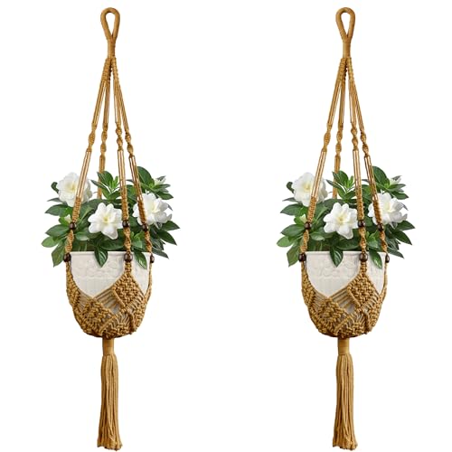 USLAI Macrame Plant Hanger, for Up to 6.5 Inch Pots, 35 Inch, Tan, 2 Pack