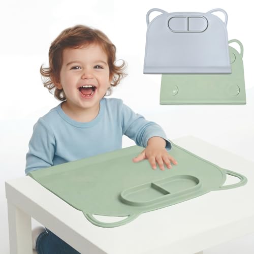 Domensi Large Silicone Suction Placemat with Teething Edge Bumper/Spill for Baby Toddlers Kids with Storage Bag, Non-Slip Dinning Table Mat, Dishwasher Safe for Table(Blue Green,2 Pack) by Domensi - Used condition - US$16.12