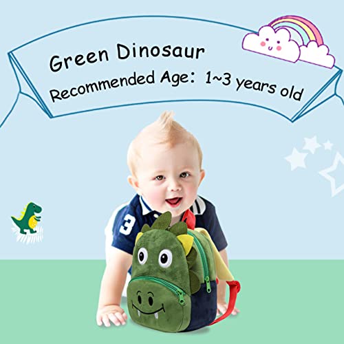 Kasgo Zainetto Asilo Bambino, Zainetto Bimba Dinosauro 1-3 Anni Zainetto Nido Preschool Piccola Peluche 3D Animaletti Borsa Zaino Bambini Carino Zaino Bambina Morbido Mini Zainetti Ragazza, Verde