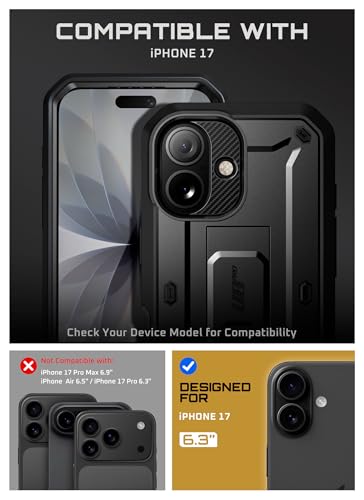 Image of SUPCASE for iPhone 17 Case with Camera Control Button (Unicorn Beetle Pro), [Built-in Kickstand & Screen Protector] [Military-Grade Protection] Full Body Heavy Duty Phone Case, Black