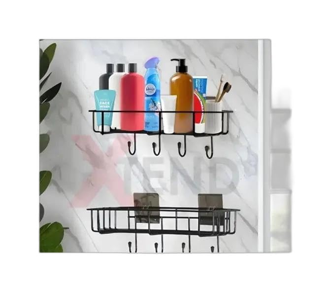 (PACK OF 2) Steel Self-Adhesive Multipurpose Bathroom Shelf with Hooks/Towel Holder/Rack/Bathroom Accessories-Wall Mount - Pack|Design - for home and kitchen