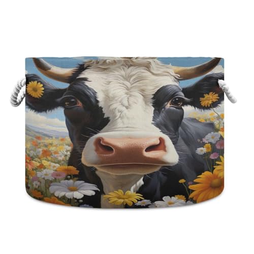 Round Cute Black and White Cow Flower Storage Basket Large Organizer Bin Laundry Hamper Toy Storage Basket with Handle for Nursery Clothes Toys 202b4887