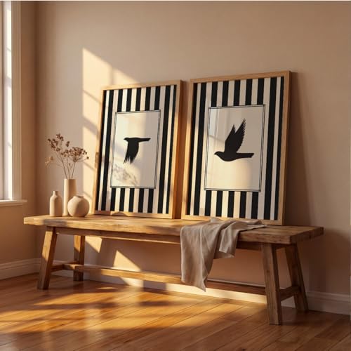 Image of Suneree Flying Birds Wall Art Set of 2 Framed Paintings | Black White Striped Minimal Bird Silhouette Poster | Living Room Bedroom Home Decor (Art 2, 13x19 Inches)