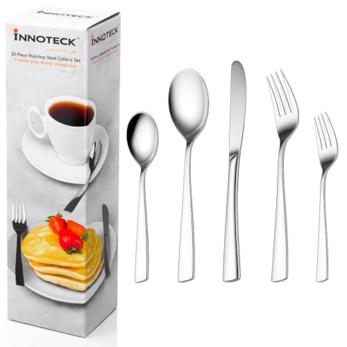 Innoteck 20-Piece Stainless Steel Cutlery Set – Mirror-Polished Silver Tableware for 4 People with Dinner Forks, Knives, Spoons, Cake Forks & Teaspoons – Dishwasher Safe